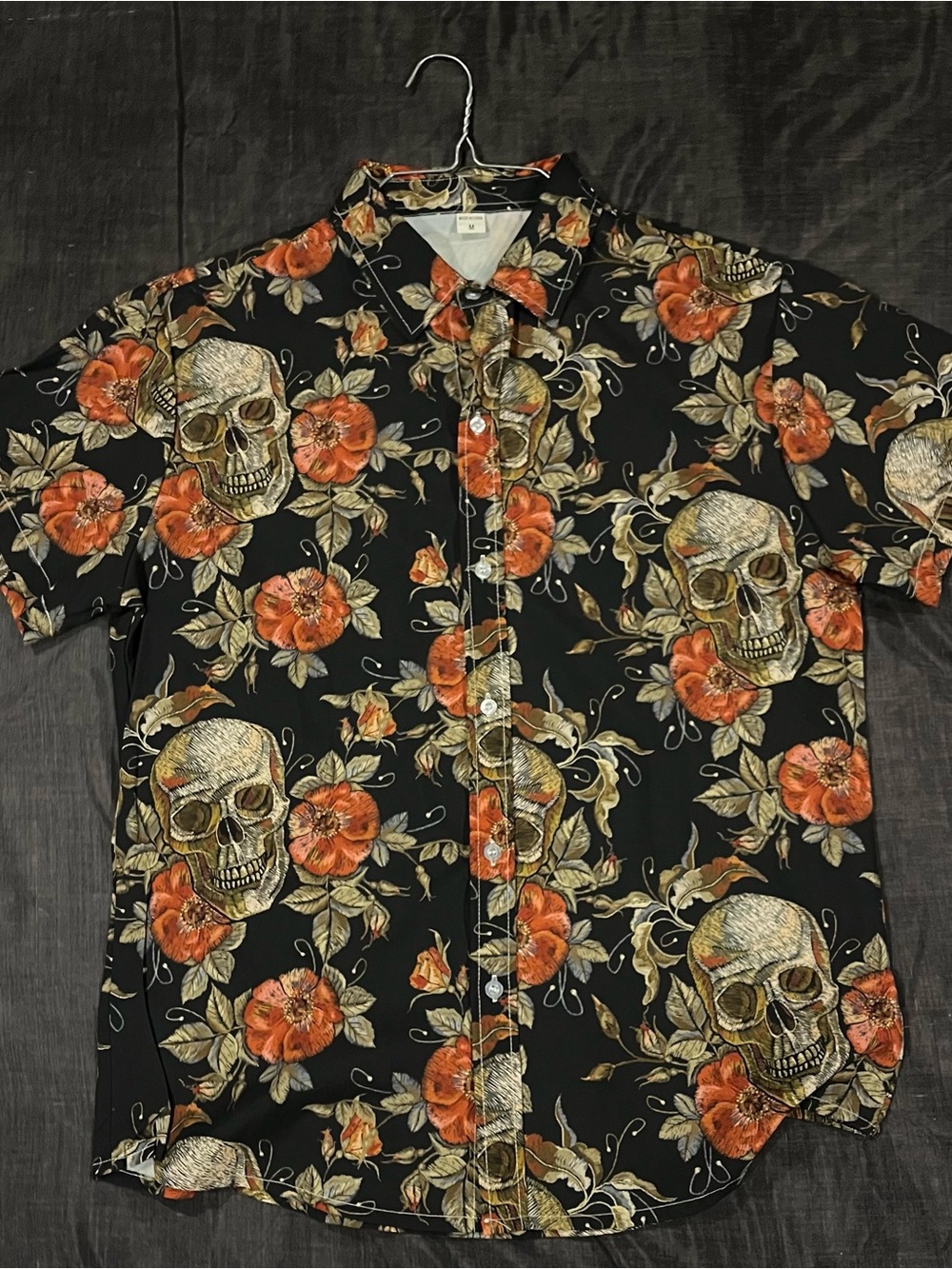 Black Floral Skull Short-Sleeve Button-Up Shirt